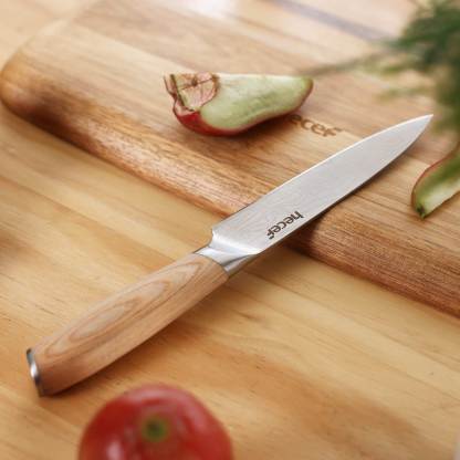 hecef 5in utility knife carbon steel blade double bolster and ergonomic coffee pakkawood handle