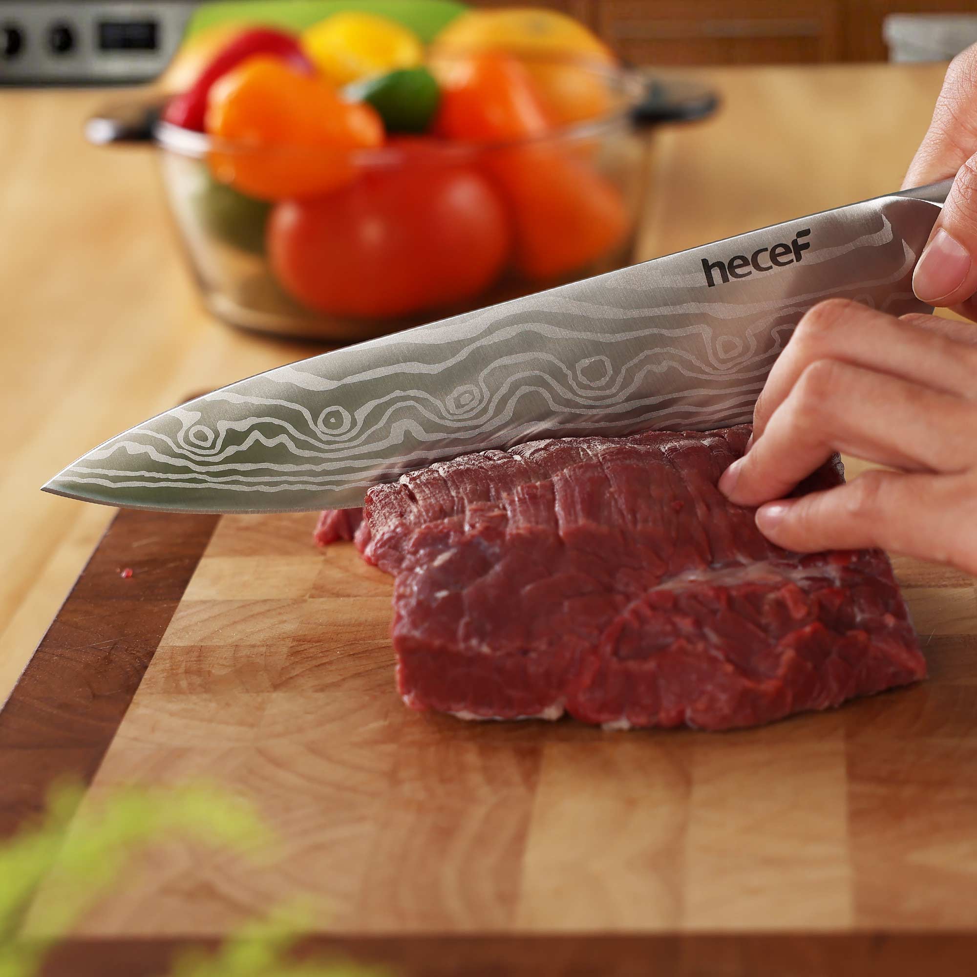 Hecef 8-Inch Chef Knife with Japanese Damascus Pattern Sharp Non-stick Ergonomic Wood Handle