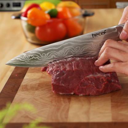 Hecef 8-Inch Chef Knife with Japanese Damascus Pattern Sharp Non-stick Ergonomic Wood Handle