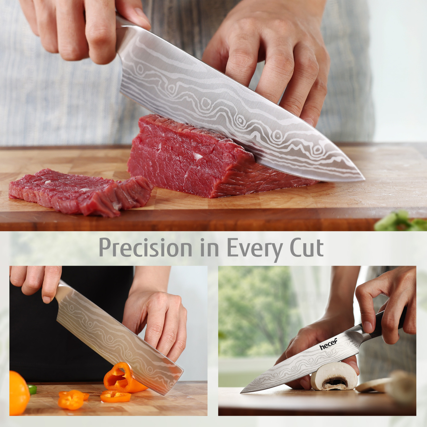 hecef 3PCS Professional Knife Set Stainless Steel Ergonomic wood Handle Laser Damascus Pattern Extra Sharp and Versatile, For Chef, Nakiri & Utility Knife, Perfect for all Kitchen Tasks