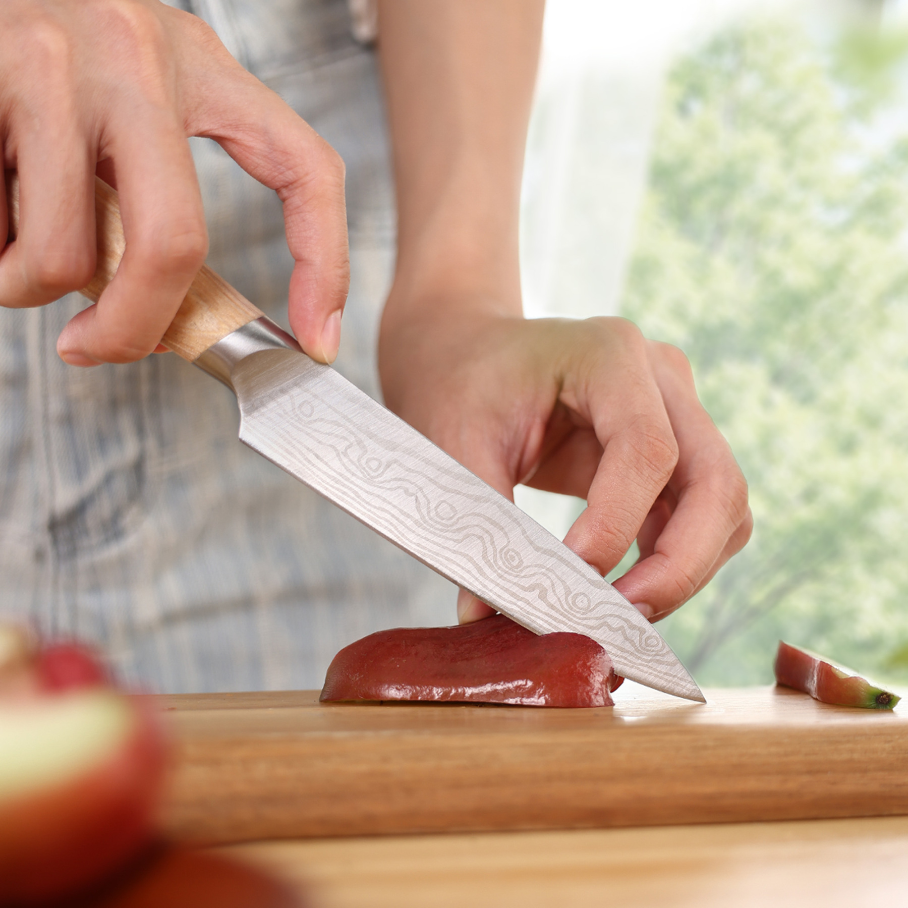 hecef 3PCS Professional Knife Set Stainless Steel Ergonomic wood Handle Laser Damascus Pattern Extra Sharp and Versatile, For Chef, Nakiri & Utility Knife, Perfect for all Kitchen Tasks