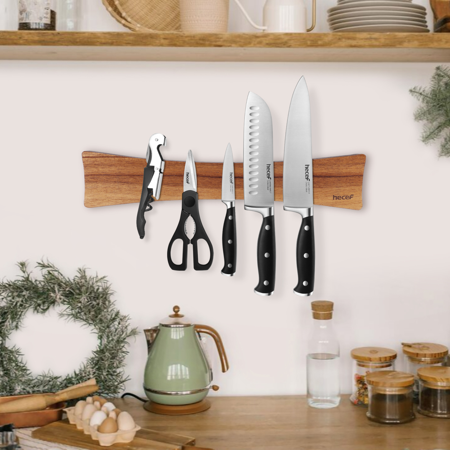 Hecef 15.7 In Chinaberry Wood Magnetic Knife Strip with Powerful Magnets for Wall, Kitchen Knife Organizer Rack
