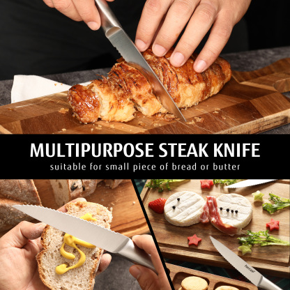 Hecef 6PCS All-steel Steak Knives, 5-inch High-carbon Stainless Steel Sharp Serrated Edge Dishwasher safe knives