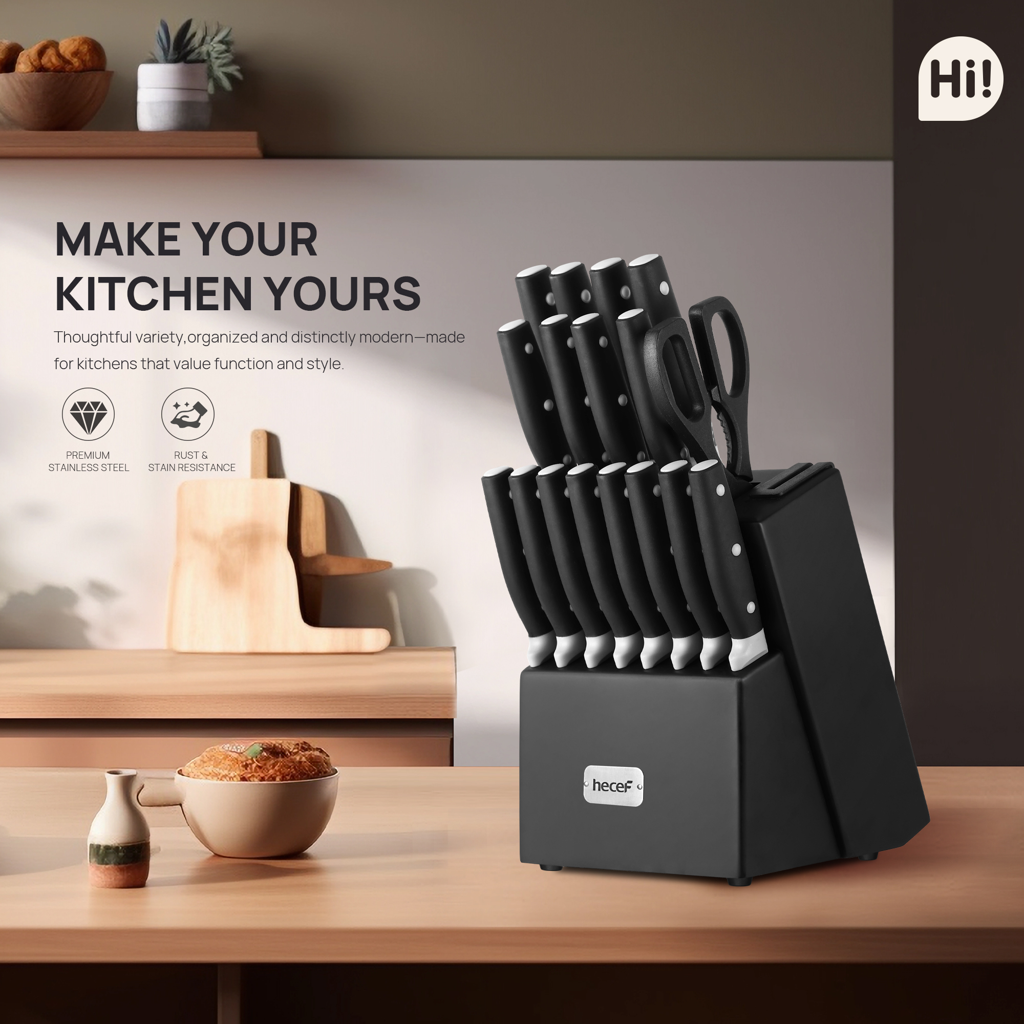 Hecef Upgraded 19 Piece Kitchen Knife Set With Block And Built In Sharpener, Dishwasher Safe Knives