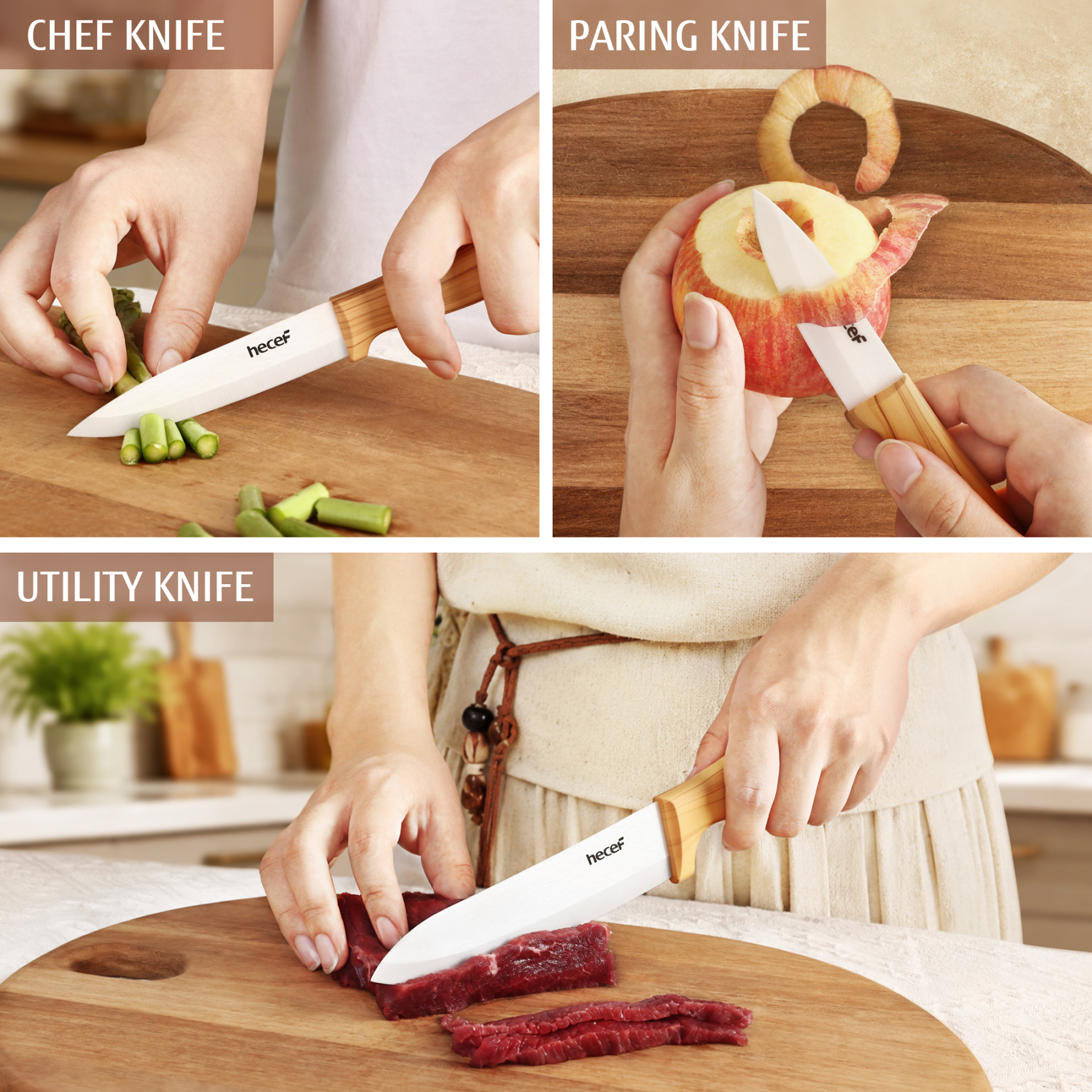 Hecef 3 Piece Ceramic Knife Set With Blade Covers, Ergonomic Wood Grain Handles
