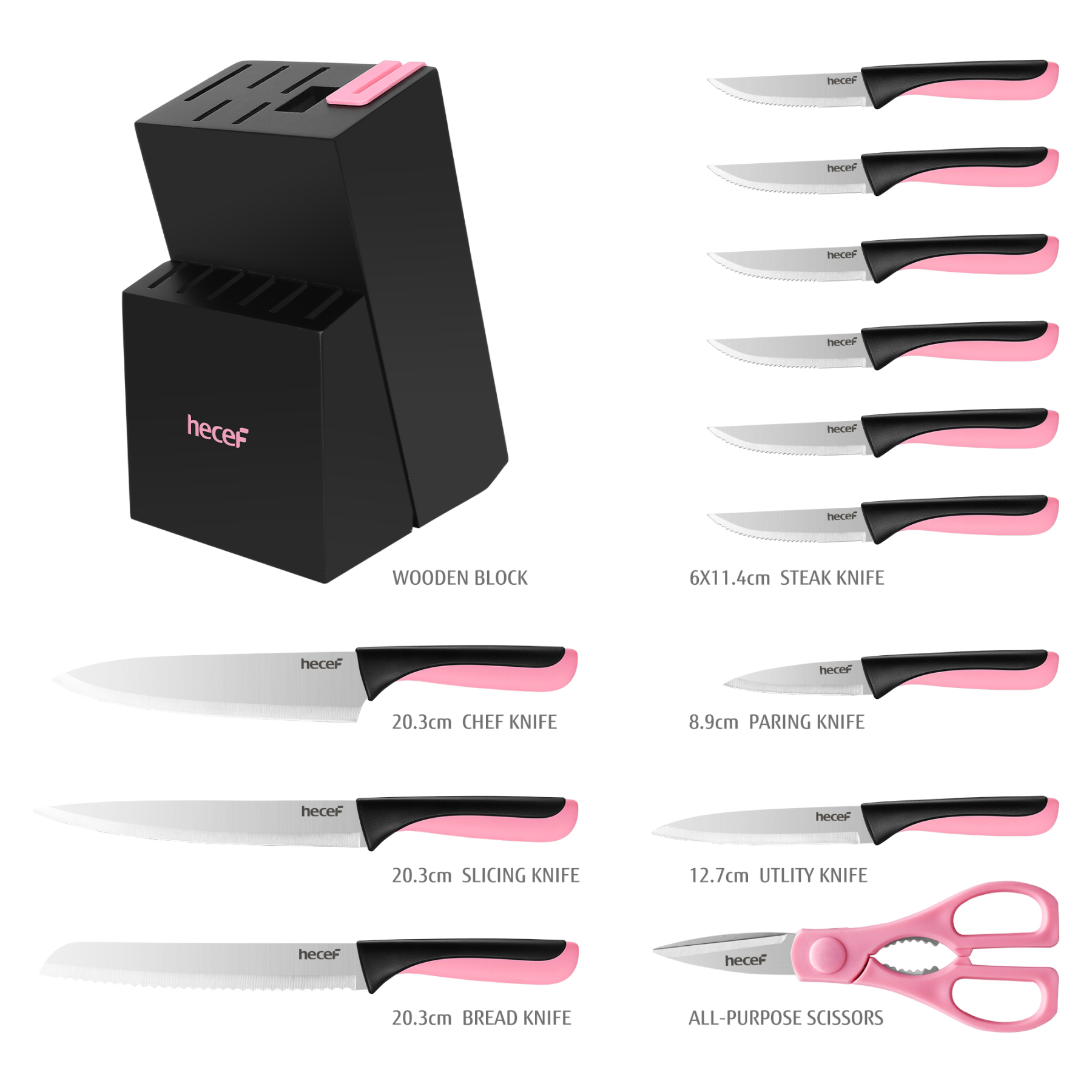 Hecef 13-Piece Knife Set, Stainless Steel Kitchen Knives with Block, Chef Knife, Santoku Knife, Steak Knives, Scissors