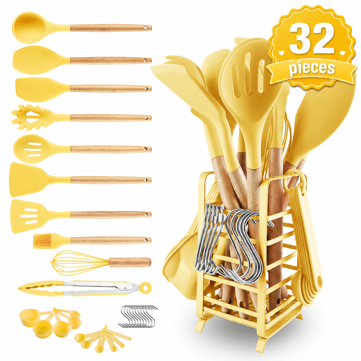 Hecef 32 PCS Silicone Cooking Utensils Set, 446°F Heat Resistant Turner Tongs,Spatula,Spoon,Brush,Whisk