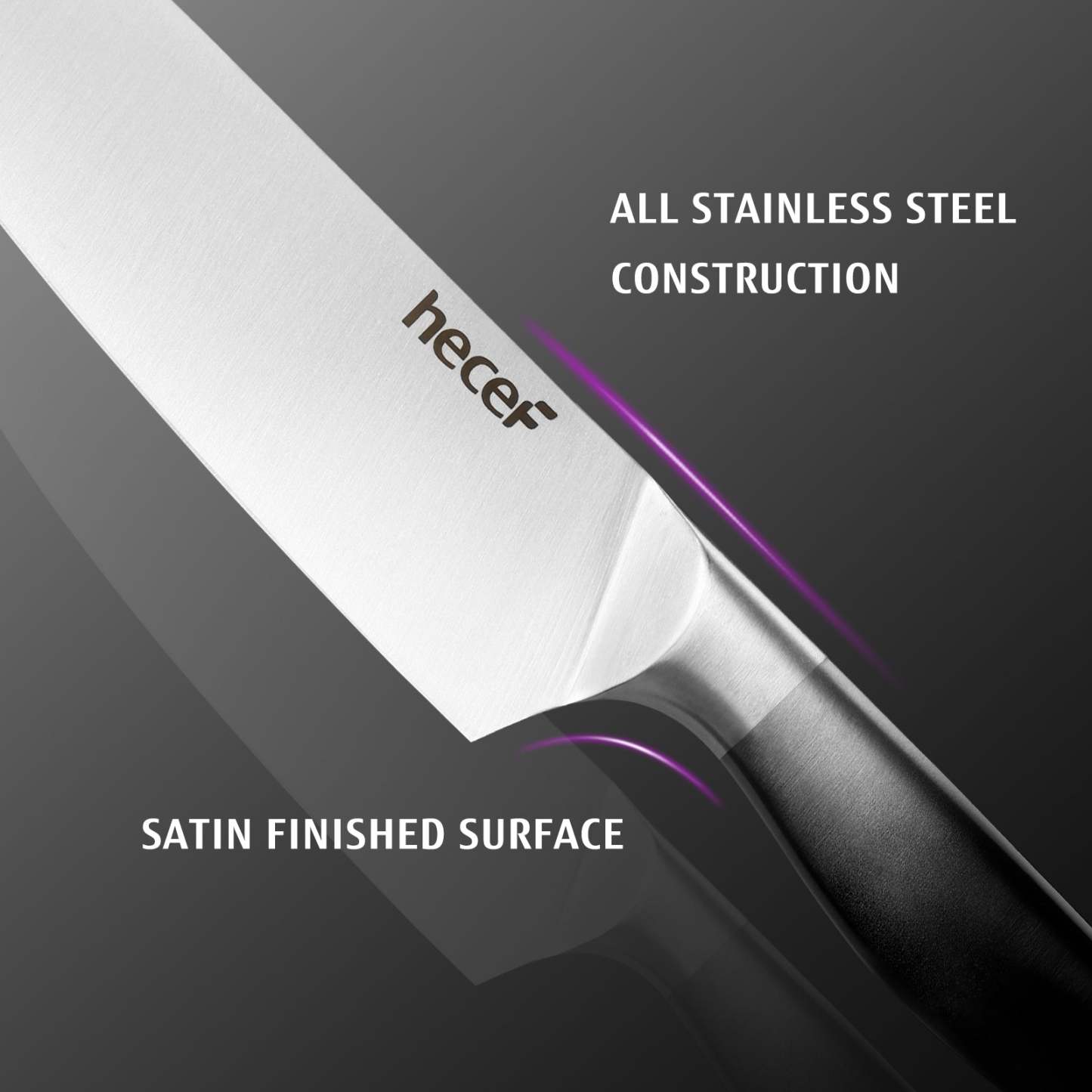 Black Gradient Kitchen Knives Set of 5 Chef's Knife Set with Satin Blade & Hollow Handle & Protective Covers Includes Cook, Santoku, Bread, All Purpose & Vegetable Knife - Hecef Kitchen