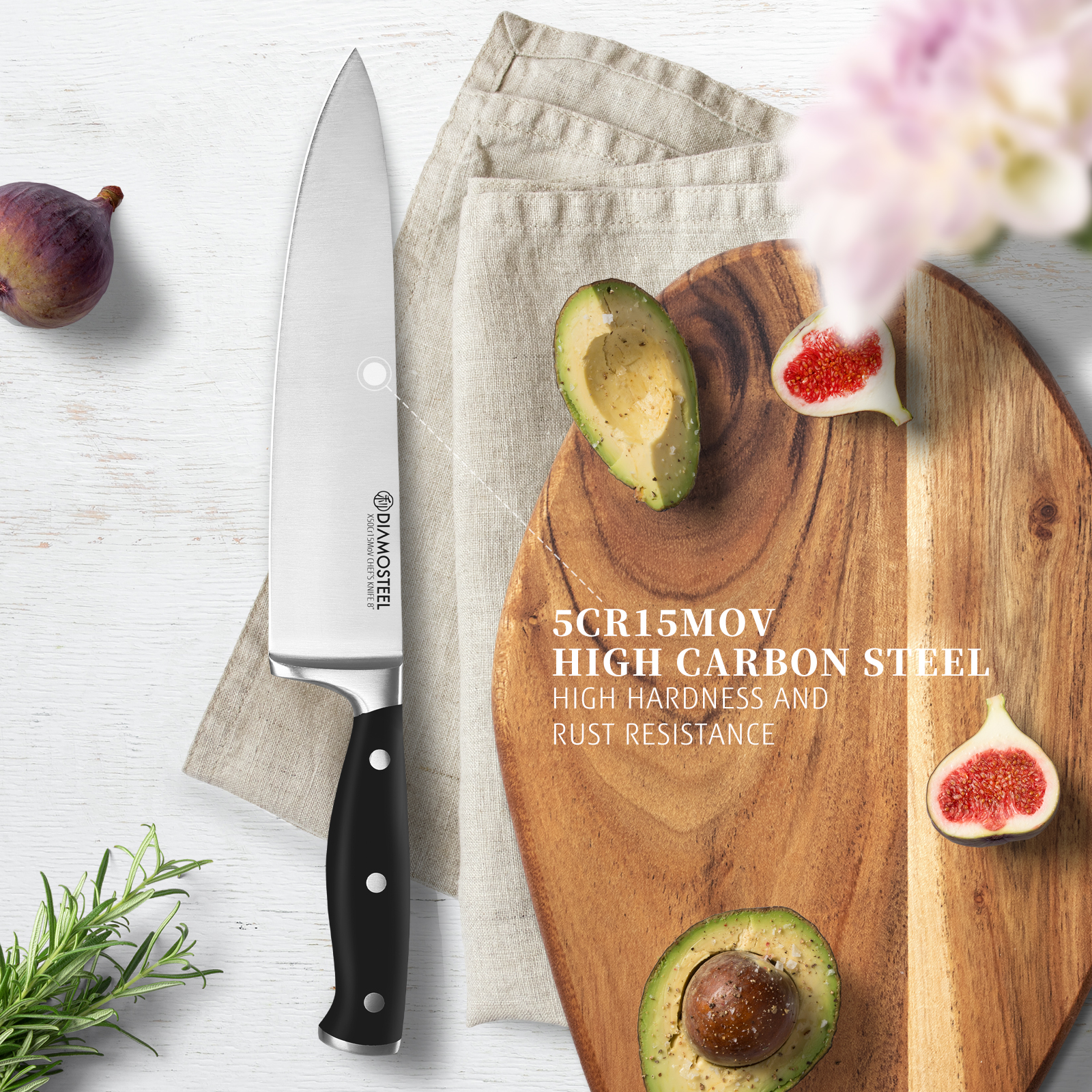 Chef's Knife Premium 8-Inch Kitchen Knife 5CR15MOV High Carbon Stainless Steel with Ergonomic ABS Handle