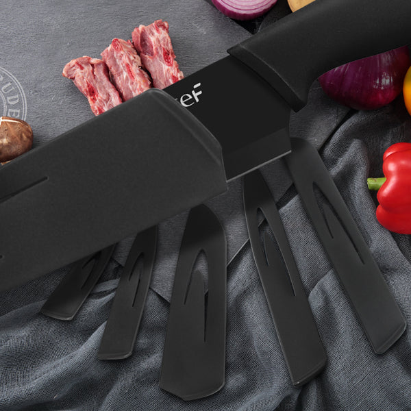 hecef Black Oxide Knife Set of 6 with Matching Blade Protective Sheath, Black Kitchen Knife Set, Scratch Resistant & Rust Proof, Hard Stainless Steel, Non Stick Black Color Coating Blade Knives - Hecef Kitchen