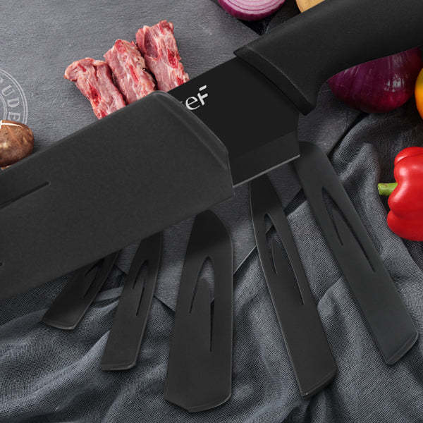hecef Black Oxide Knife Set of 6 with Matching Blade Protective Sheath, Black Kitchen Knife Set, Scratch Resistant & Rust Proof, Hard Stainless Steel, Non Stick Black Color Coating Blade Knives - Hecef Kitchen
