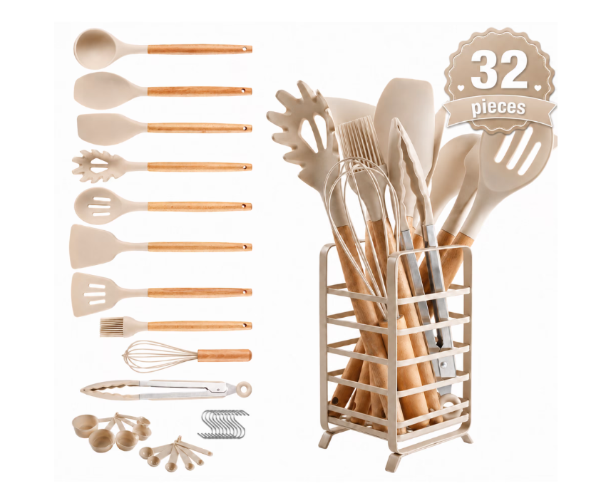 Hecef 32 PCS Silicone Cooking Utensils Set, 446°F Heat Resistant for Nonstick Cookware
