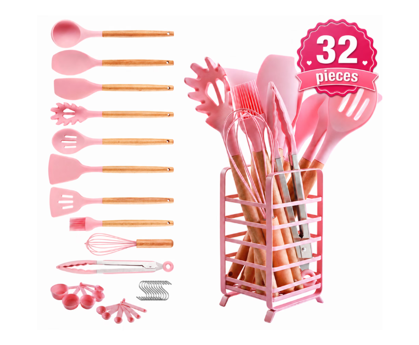 Hecef 32 PCS Silicone Cooking Utensils Set, 446°F Heat Resistant for Nonstick Cookware