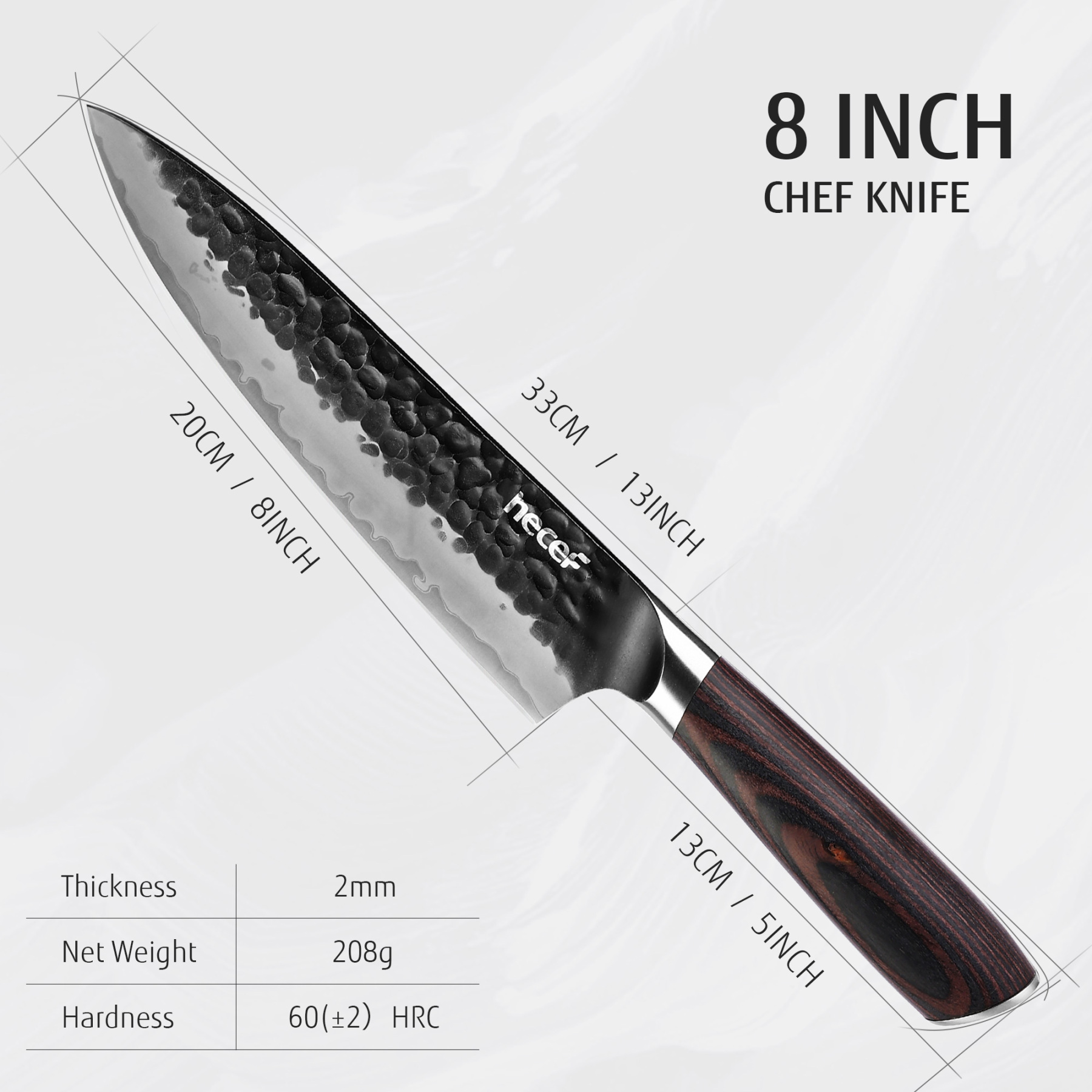 Hecef 2-Piece Kitchen Knife Set, 8-Inch Chef Knife & 5-Inch Utility Knife, 9Cr18Mov High Carbon Stainless Steel, Hammered Clad Blade with Pakkawood Handle, Razor Sharp Cooking Knives