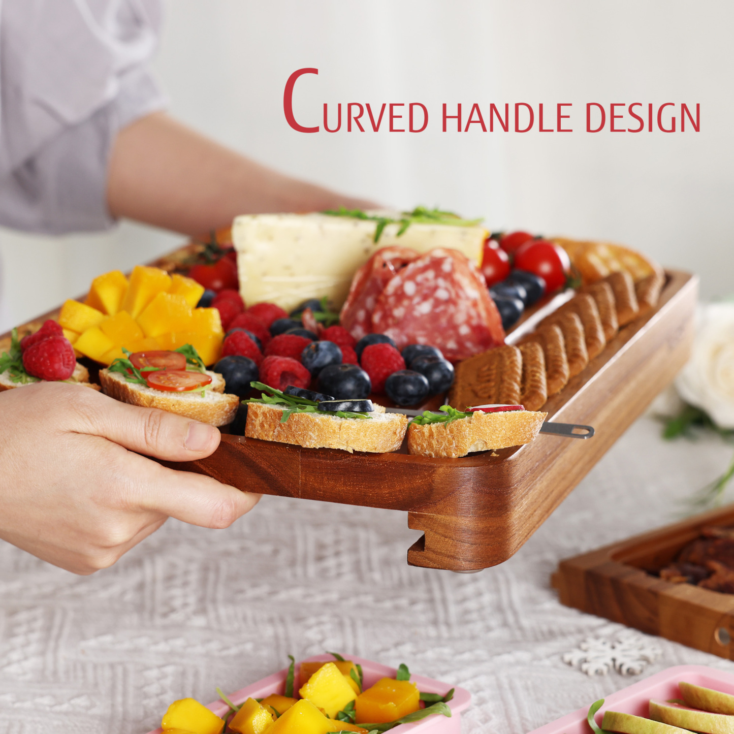 hecef Large Wooden Cheese Board with Knives Dessert Forks 2 Magnetic Drawers & Pink Silicone Bowls Charcuterie Board Set
