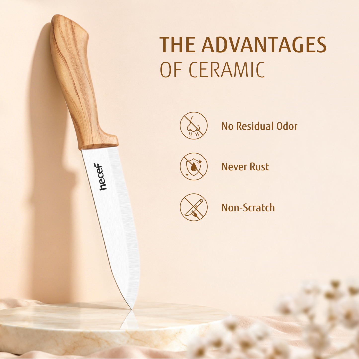 Hecef 3 Piece Ceramic Knife Set With Blade Covers, Ergonomic Wood Grain Handles