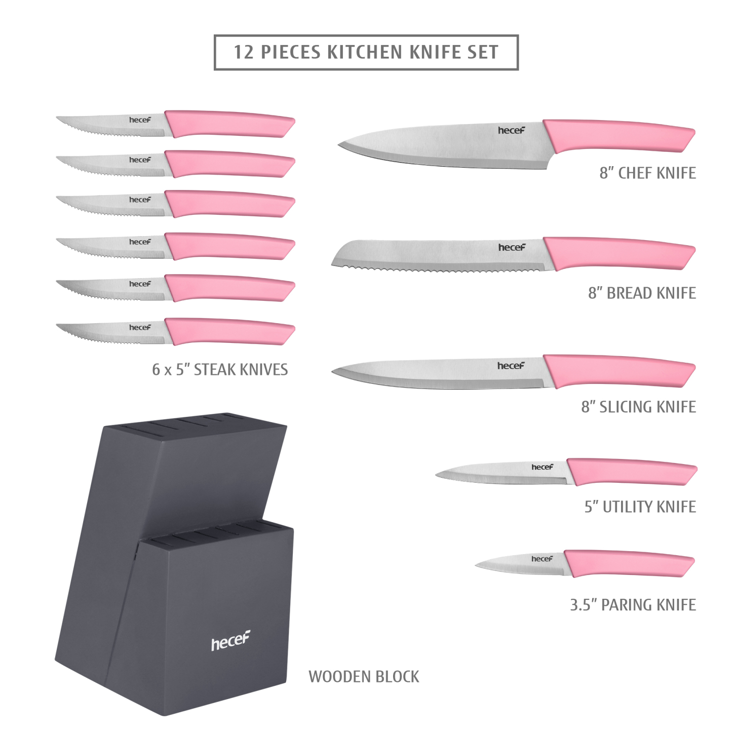hecef 12 Pieces Knife Set with Wooden Block & Steak Knives Set, Lightweight and Strong High Carbon Stainless Steel Cutlery Set