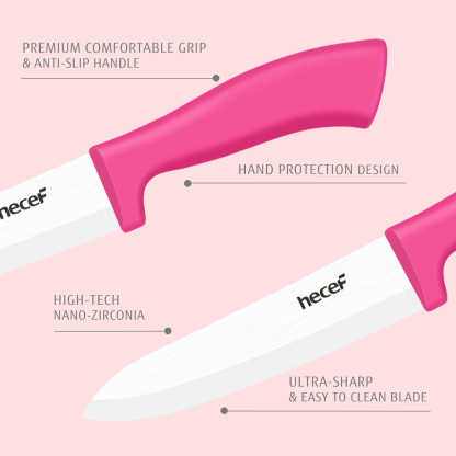 Hecef 3-Piece Ceramic Knife Set With 3 Blade Covers, Hot Pink Sharp Chef Utility Paring Knife
