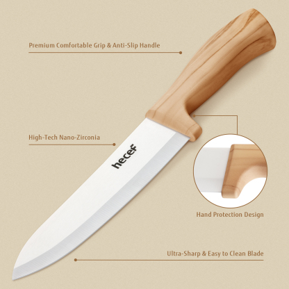 Hecef 3 Piece Ceramic Knife Set With Blade Covers, Ergonomic Wood Grain Handles