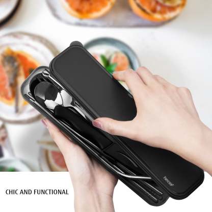 hecef 11 PCS Black Titanium Plating Travel Cutlery Set with Compact Carrying Box& Bag, Reusable Stainless Steel Utensils, Handy Flatware Set for Work, School, Camping and Travel (Black) - Hecef Kitchen