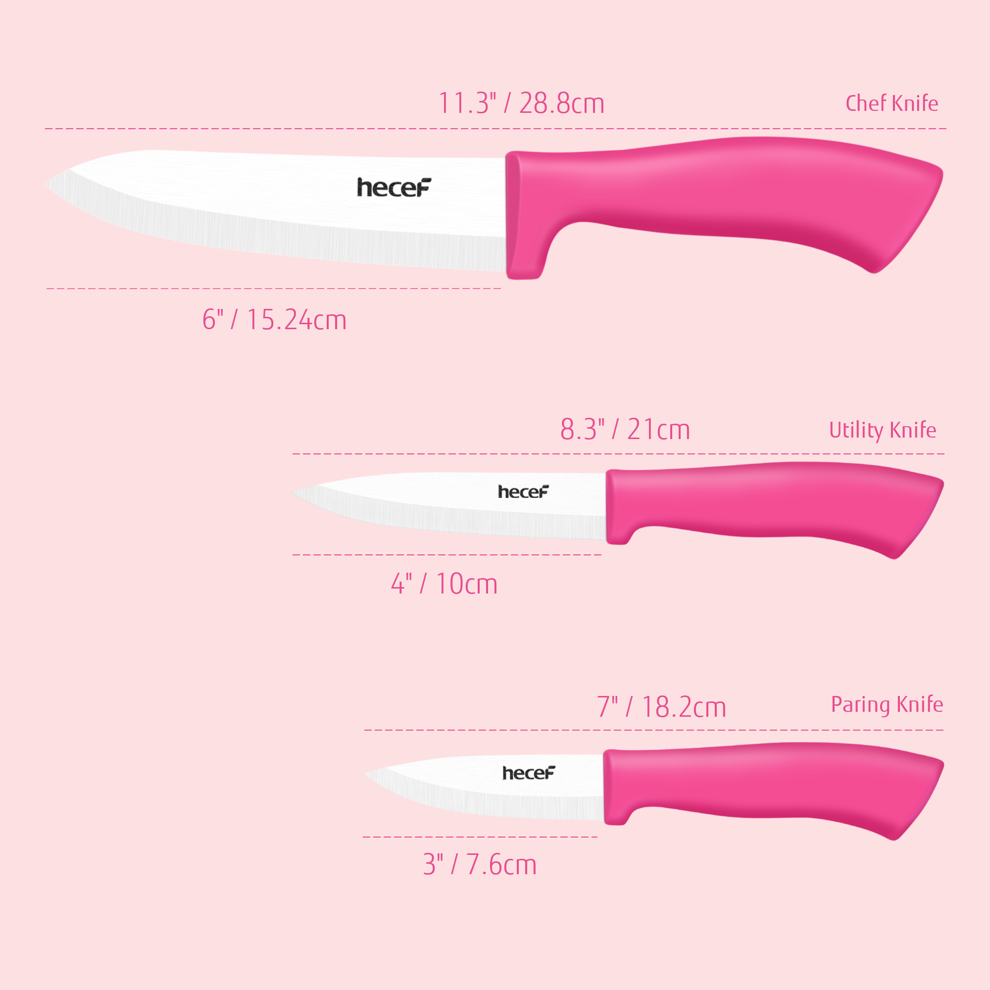 Hecef 3-Piece Ceramic Knife Set With 3 Blade Covers, Hot Pink Sharp Chef Utility Paring Knife