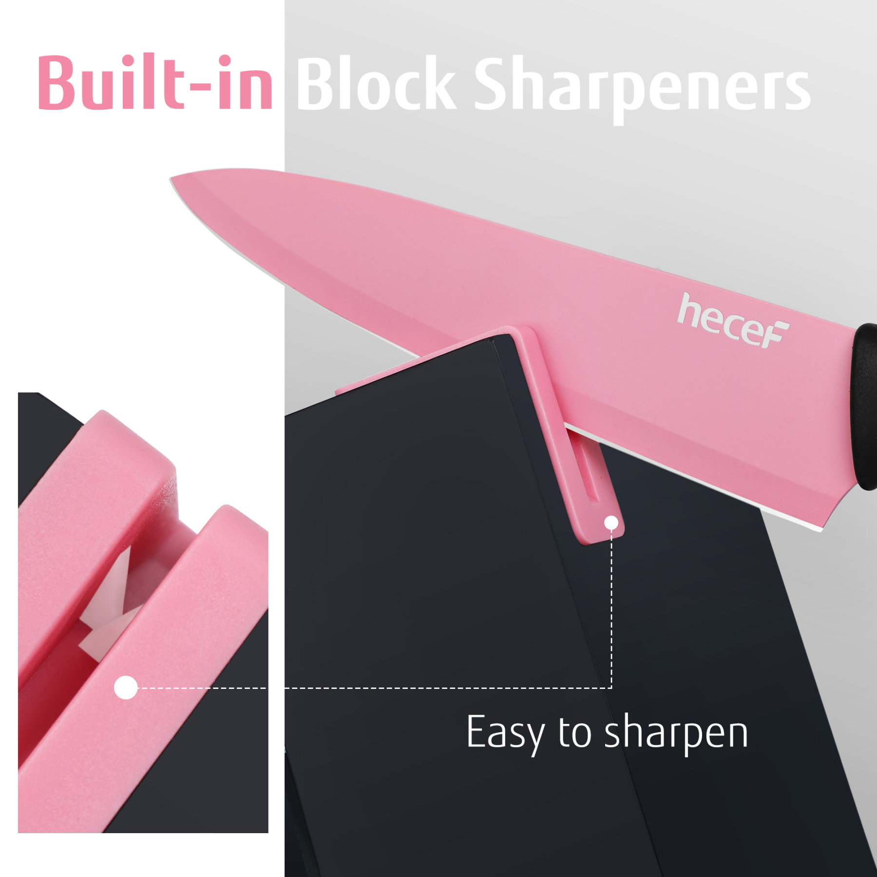 hecef 13 Pieces Kitchen Knife Set with Built-in Sharpening Wooden Block, High Carbon Stainless Steel Knife Block Set with Steak Knives, Kitchen Scissors