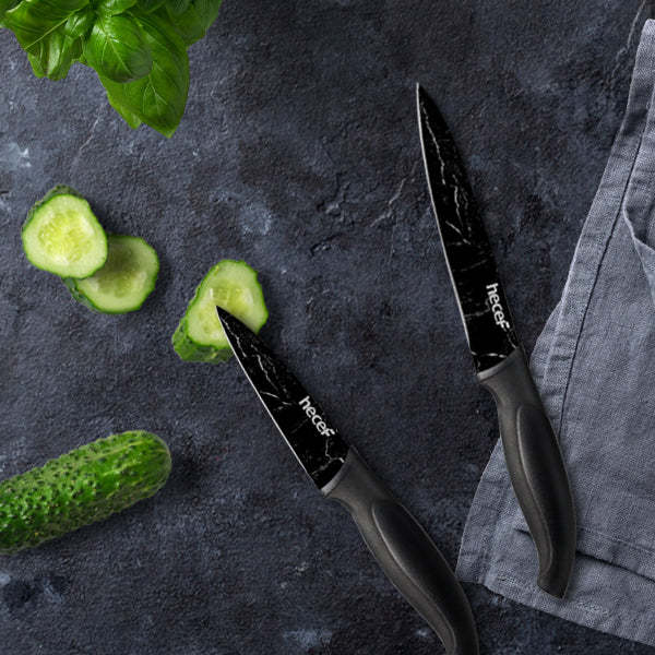hecef Marble Pattern Kitchen Knife Set of 5, Premium Stainless Steel Blade with Ergonomic Handle(PP+TPR Material)includes Santoku, Chef, Bread, Utility and Paring Knife - Hecef Kitchen
