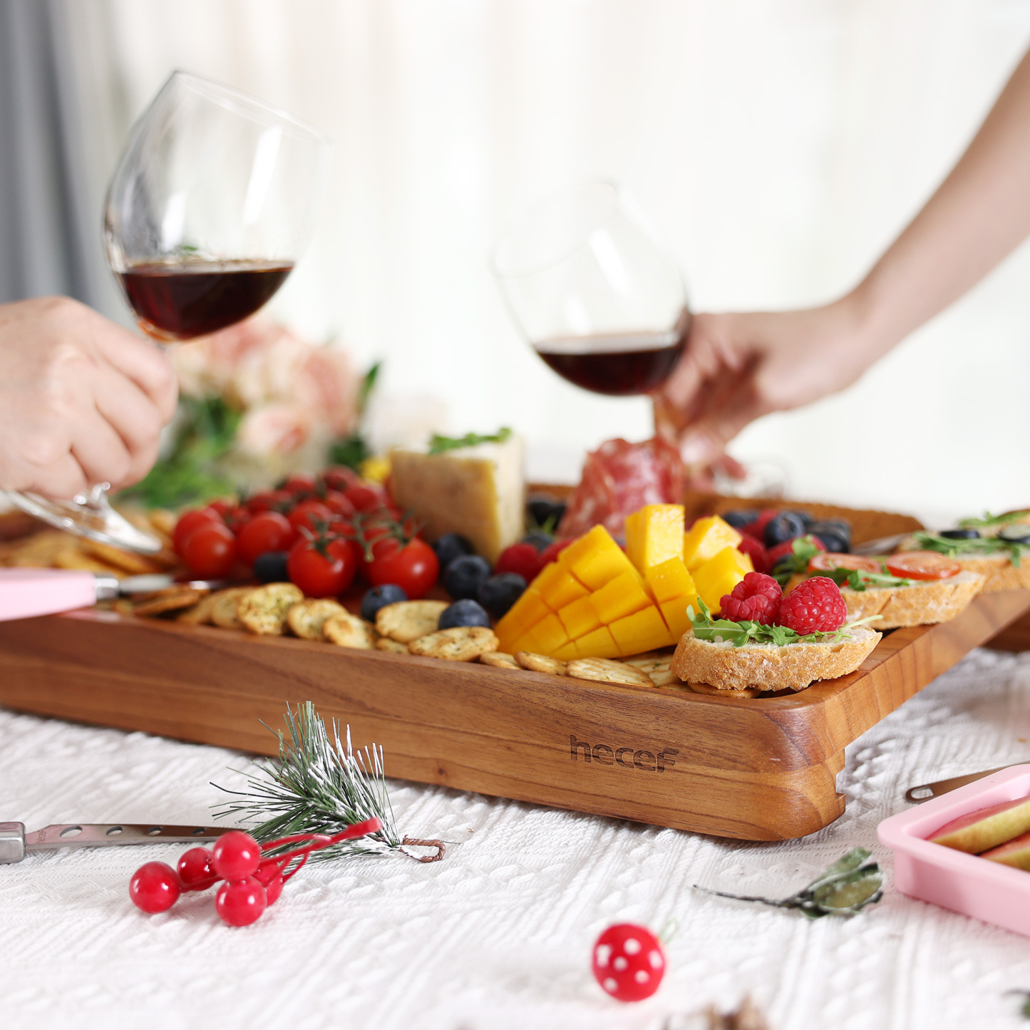 hecef Large Wooden Cheese Board with Knives Dessert Forks 2 Magnetic Drawers & Pink Silicone Bowls Charcuterie Board Set