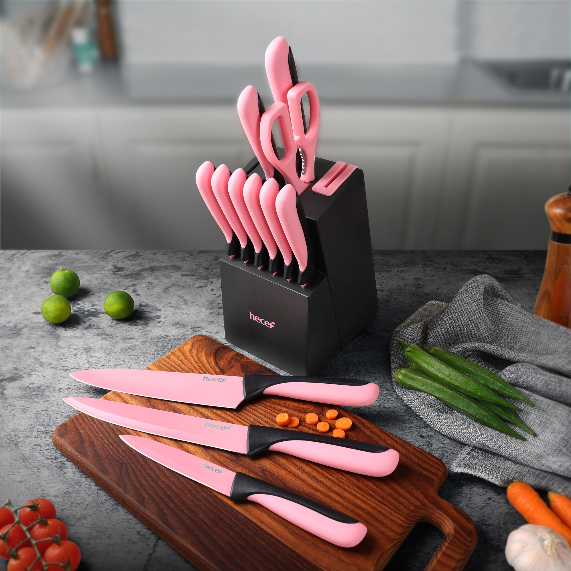 hecef 13 Pieces Kitchen Knife Set with Built-in Sharpening Wooden Block, High Carbon Stainless Steel Knife Block Set with Steak Knives, Kitchen Scissors