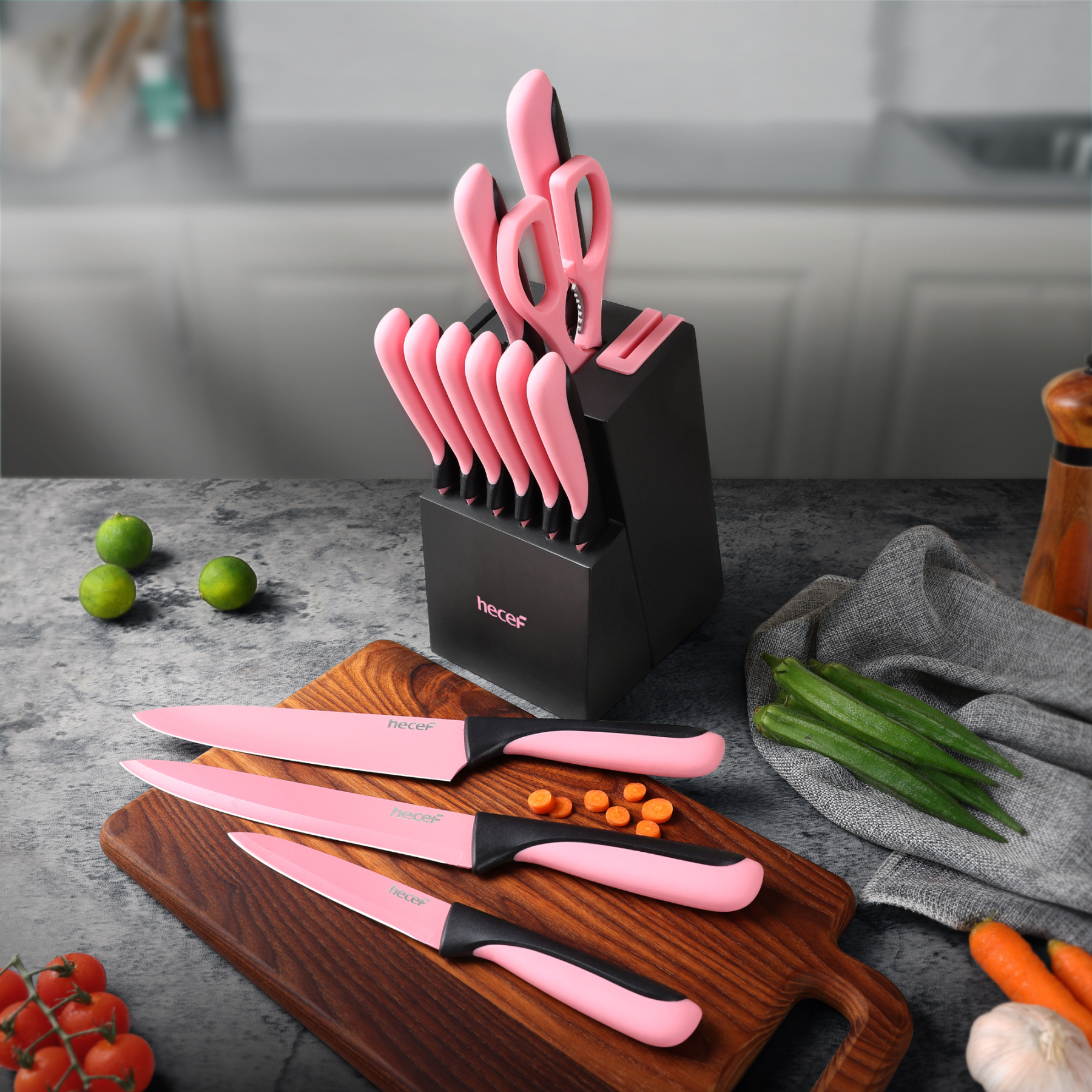 hecef 13 Pieces Kitchen Knife Set with Built-in Sharpening Wooden Block, High Carbon Stainless Steel Knife Block Set with Steak Knives, Kitchen Scissors