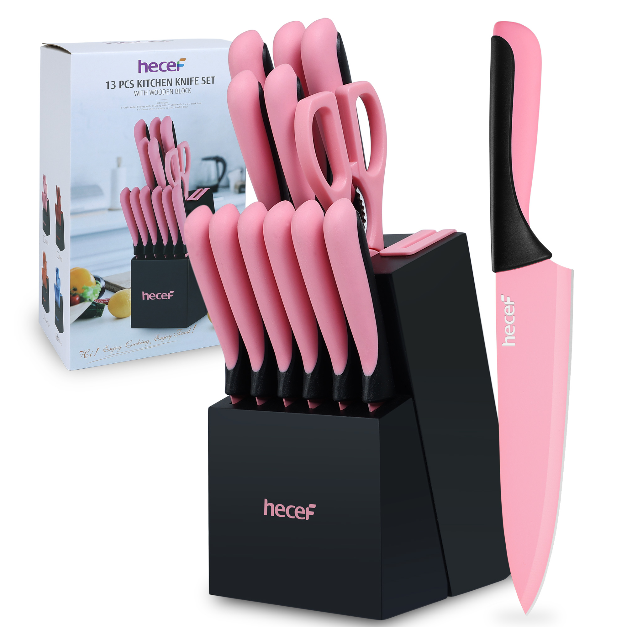 hecef 13 Pieces Kitchen Knife Set with Built-in Sharpening Wooden Block, High Carbon Stainless Steel Knife Block Set with Steak Knives, Kitchen Scissors