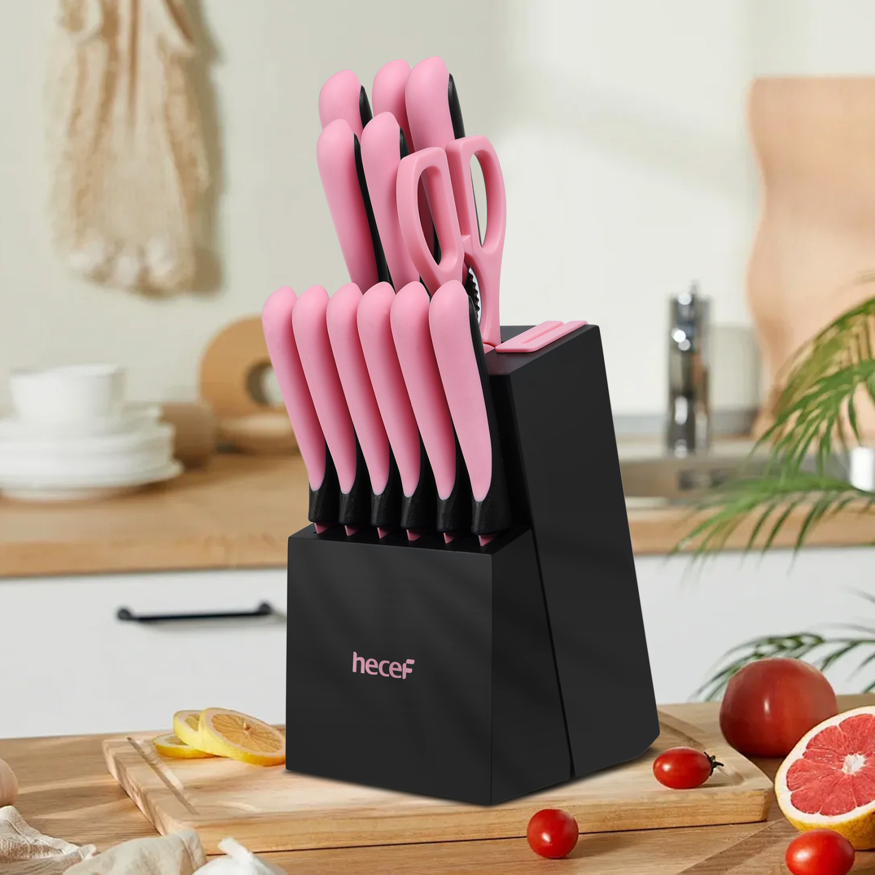 hecef 13 Pieces Kitchen Knife Set with Built-in Sharpening Wooden Block, High Carbon Stainless Steel Knife Block Set with Steak Knives, Kitchen Scissors