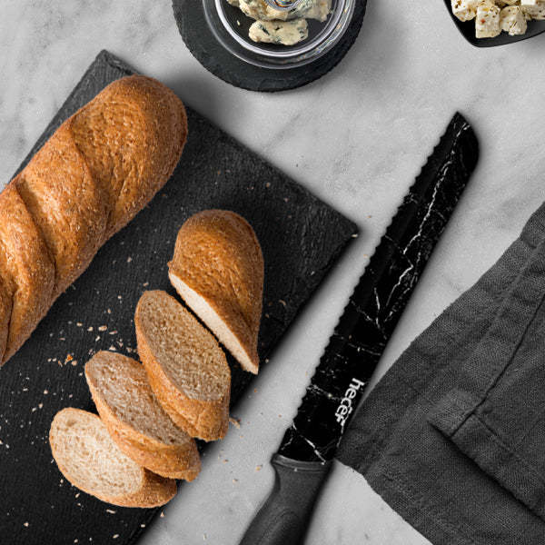 hecef Marble Pattern Kitchen Knife Set of 5, Premium Stainless Steel Blade with Ergonomic Handle(PP+TPR Material)includes Santoku, Chef, Bread, Utility and Paring Knife - Hecef Kitchen