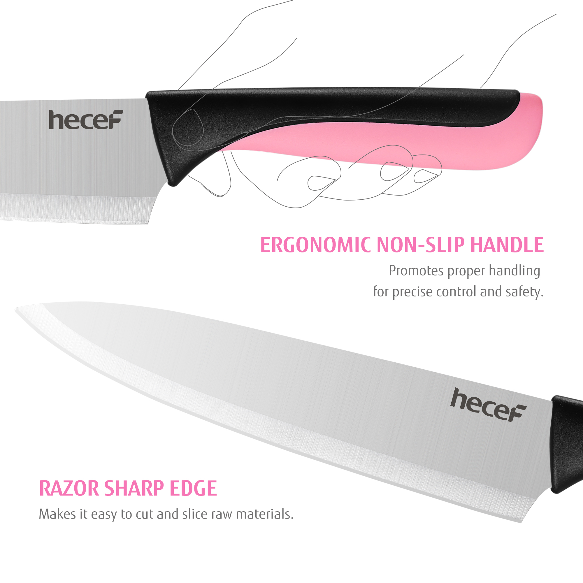 Hecef 13-Piece Knife Set, Stainless Steel Kitchen Knives with Block, Chef Knife, Santoku Knife, Steak Knives, Scissors