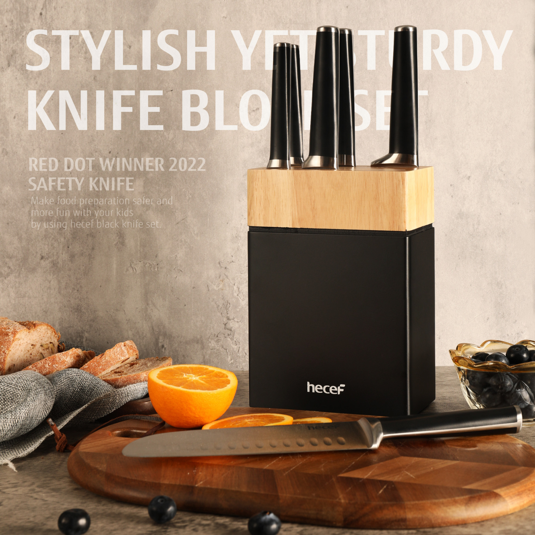 hecef 7pcs knife set with block – forged stainless steel kitchen knives, full tang handle with double bolster Red Dot Design Award, gift idea for the kitchen