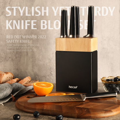 hecef 7pcs knife set with block – forged stainless steel kitchen knives, full tang handle with double bolster Red Dot Design Award, gift idea for the kitchen