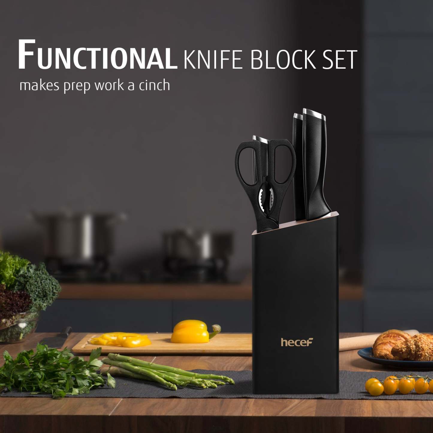 Hecef 7-Piece Black Knife Set with Wooden Block, Carbon Steel Chef, Slicing, Bread, Utility, Paring Knife, Kitchen Scissors