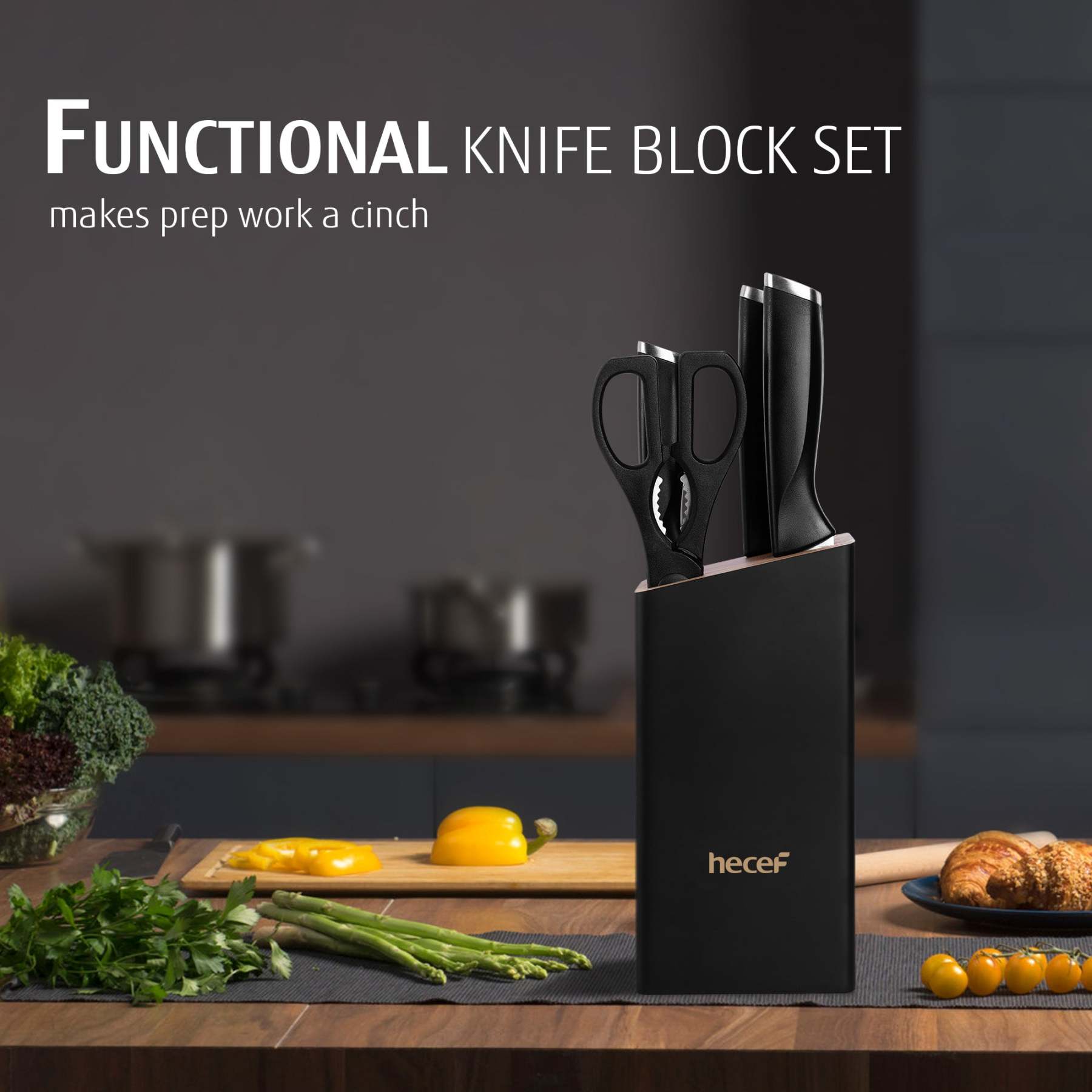 Hecef 7-Piece Black Knife Set with Wooden Block, Carbon Steel Chef, Slicing, Bread, Utility, Paring Knife, Kitchen Scissors