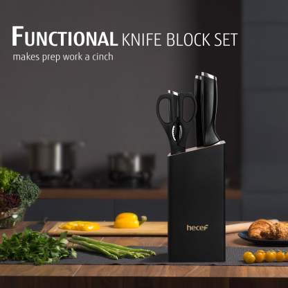 Hecef 7-Piece Black Knife Set with Wooden Block, Carbon Steel Chef, Slicing, Bread, Utility, Paring Knife, Kitchen Scissors