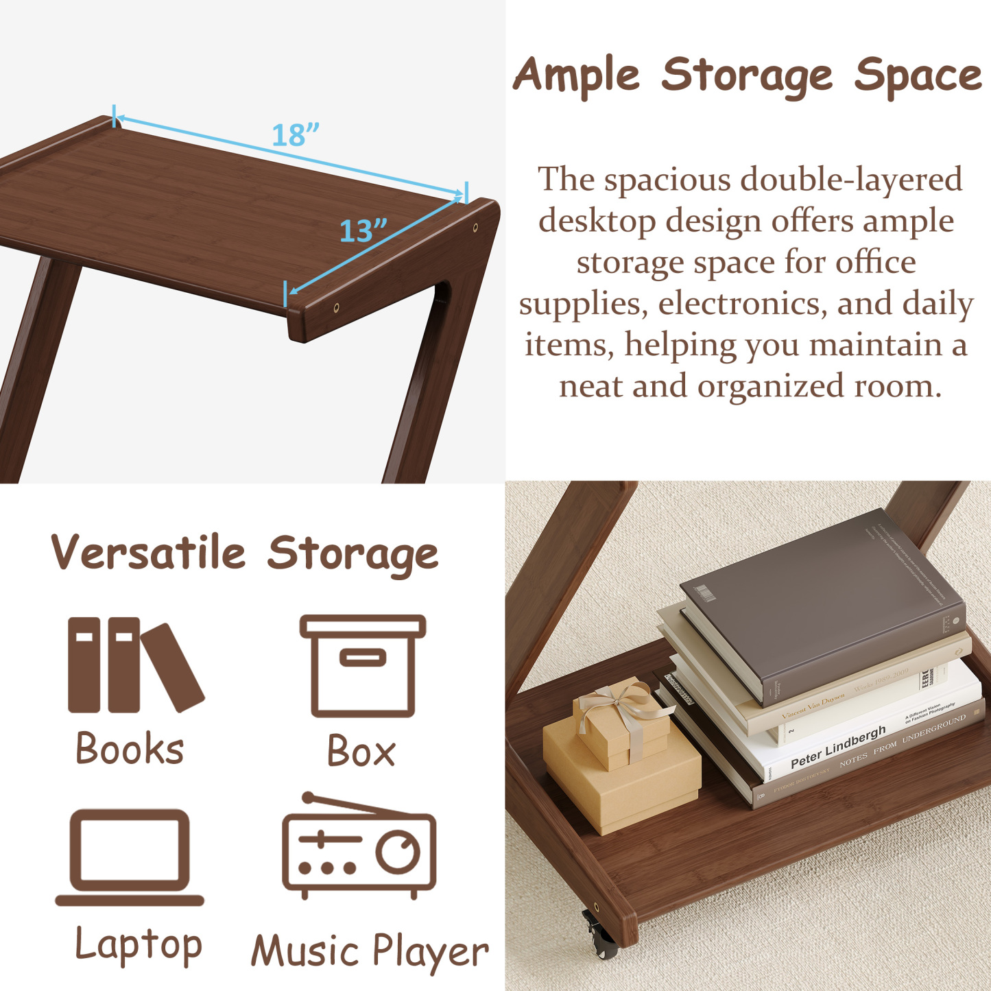 FSCHOS Z-Shape Solid Bamboo End Table with Casters, 2-Tier Desktop for Storage, Bedside Table for Bedroom, TV Snack Table for Living Room, Walnut