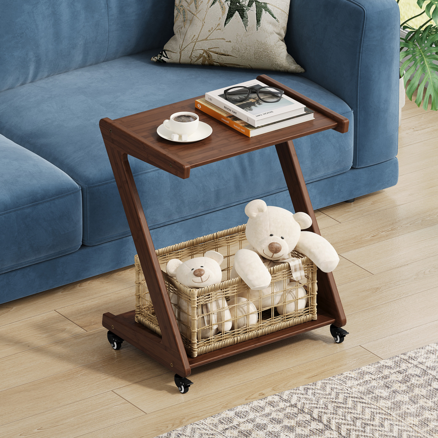 FSCHOS Z-Shape Solid Bamboo End Table with Casters, 2-Tier Desktop for Storage, Bedside Table for Bedroom, TV Snack Table for Living Room, Walnut