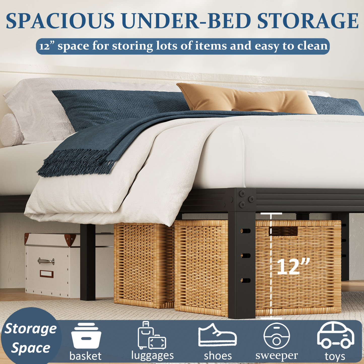 FSCHOS 14 Inch Heavy Duty Metal Platform Queen Size Bed Frame, No Box Spring Needed, Easy Assembly, Black.