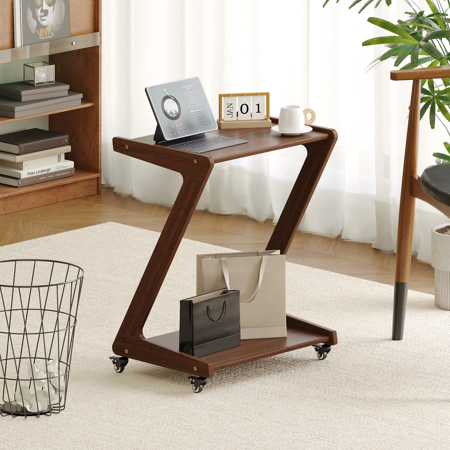 FSCHOS Z-Shape Solid Bamboo End Table with Casters, 2-Tier Desktop for Storage, Bedside Table for Bedroom, TV Snack Table for Living Room, Walnut