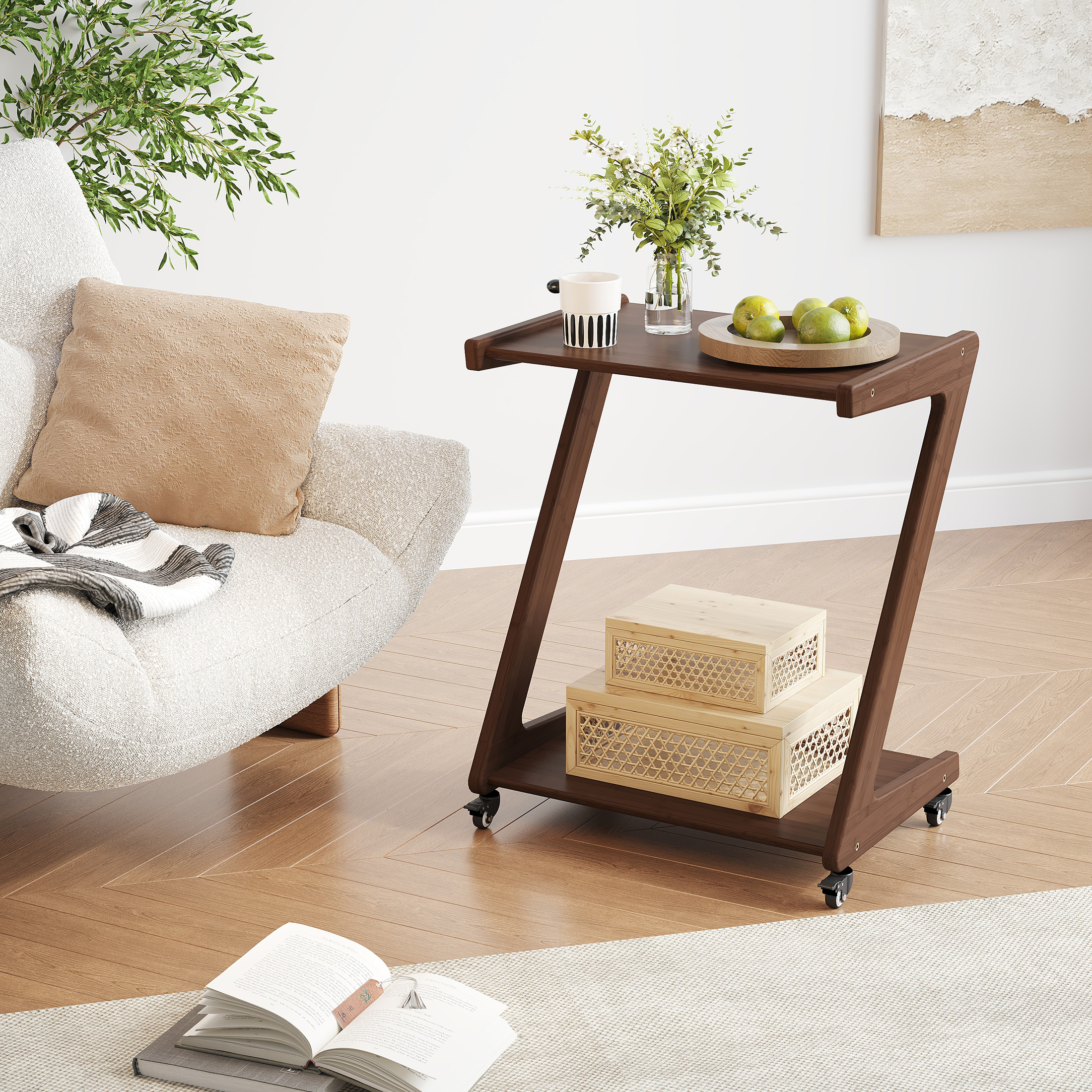 FSCHOS Z-Shape Solid Bamboo End Table with Casters, 2-Tier Desktop for Storage, Bedside Table for Bedroom, TV Snack Table for Living Room, Walnut