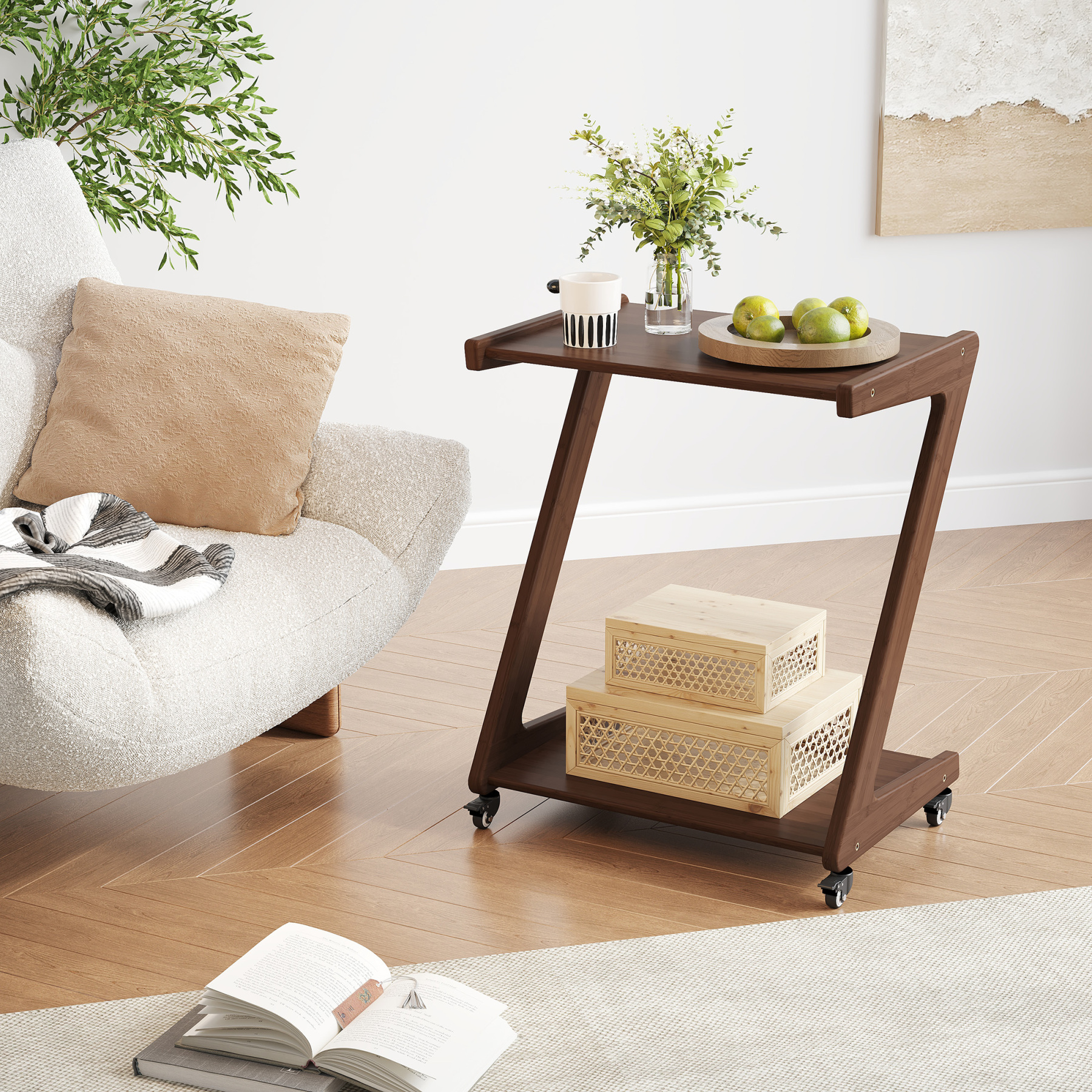 FSCHOS Z-Shape Solid Bamboo End Table with Casters, 2-Tier Desktop for Storage, Bedside Table for Bedroom, TV Snack Table for Living Room, Walnut