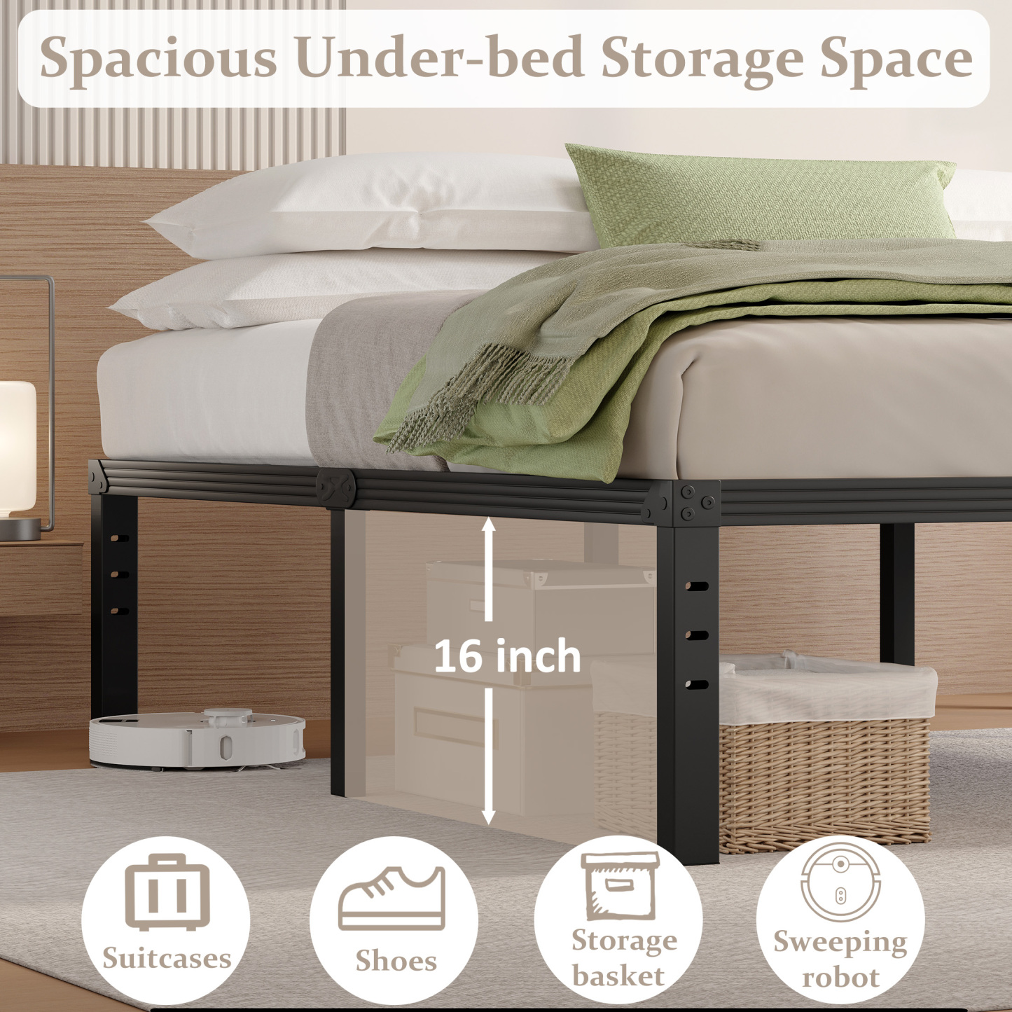 FSCHOS 18 inch Queen Size Metal Bed Frame, Heavy Duty Metal Platform with Ample Storage Space, Sturdy Construction, No Box Spring Needed