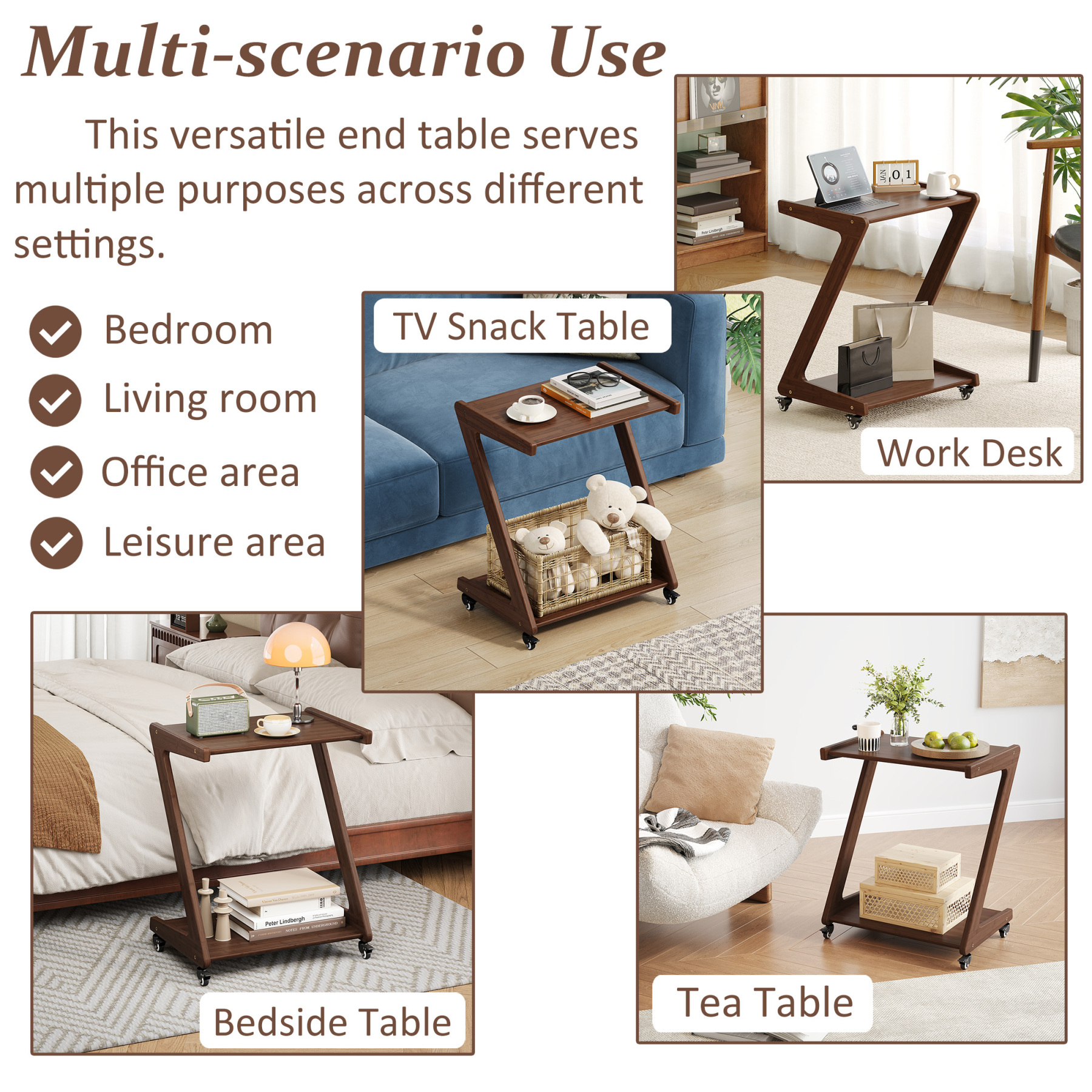 FSCHOS Z-Shape Solid Bamboo End Table with Casters, 2-Tier Desktop for Storage, Bedside Table for Bedroom, TV Snack Table for Living Room, Walnut