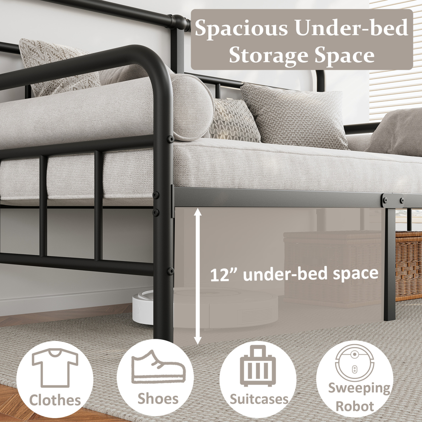 FSCHOS 14 inch Twin Size Metal Daybed Frame, Twin Sofa Daybed Frame for Living Room, Heavy Duty Slats Support