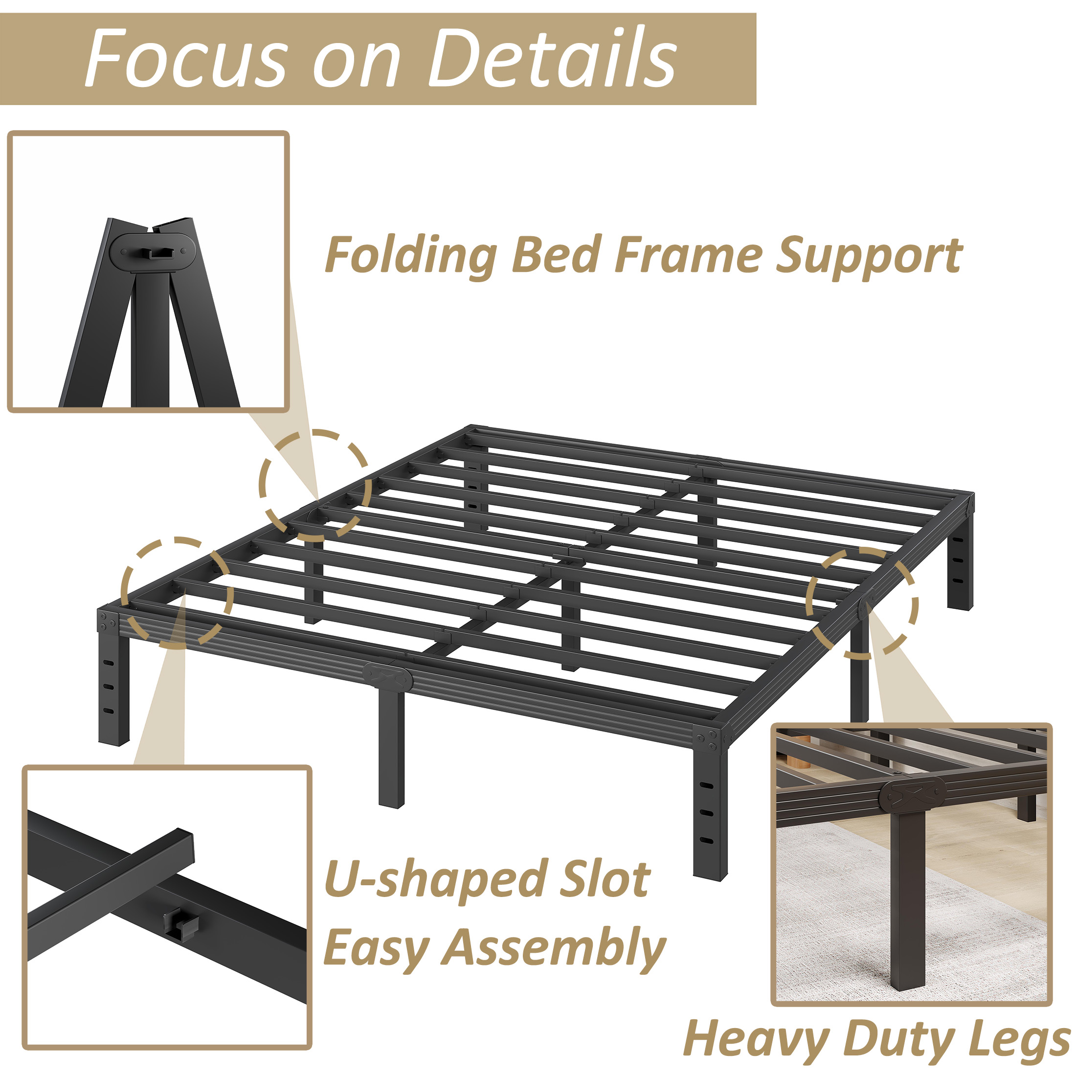 FSCHOS 12 Inch Queen Size Bed Frame, Heavy Duty Metal Platform, No Box Spring Needed, Easy Assembly, Black