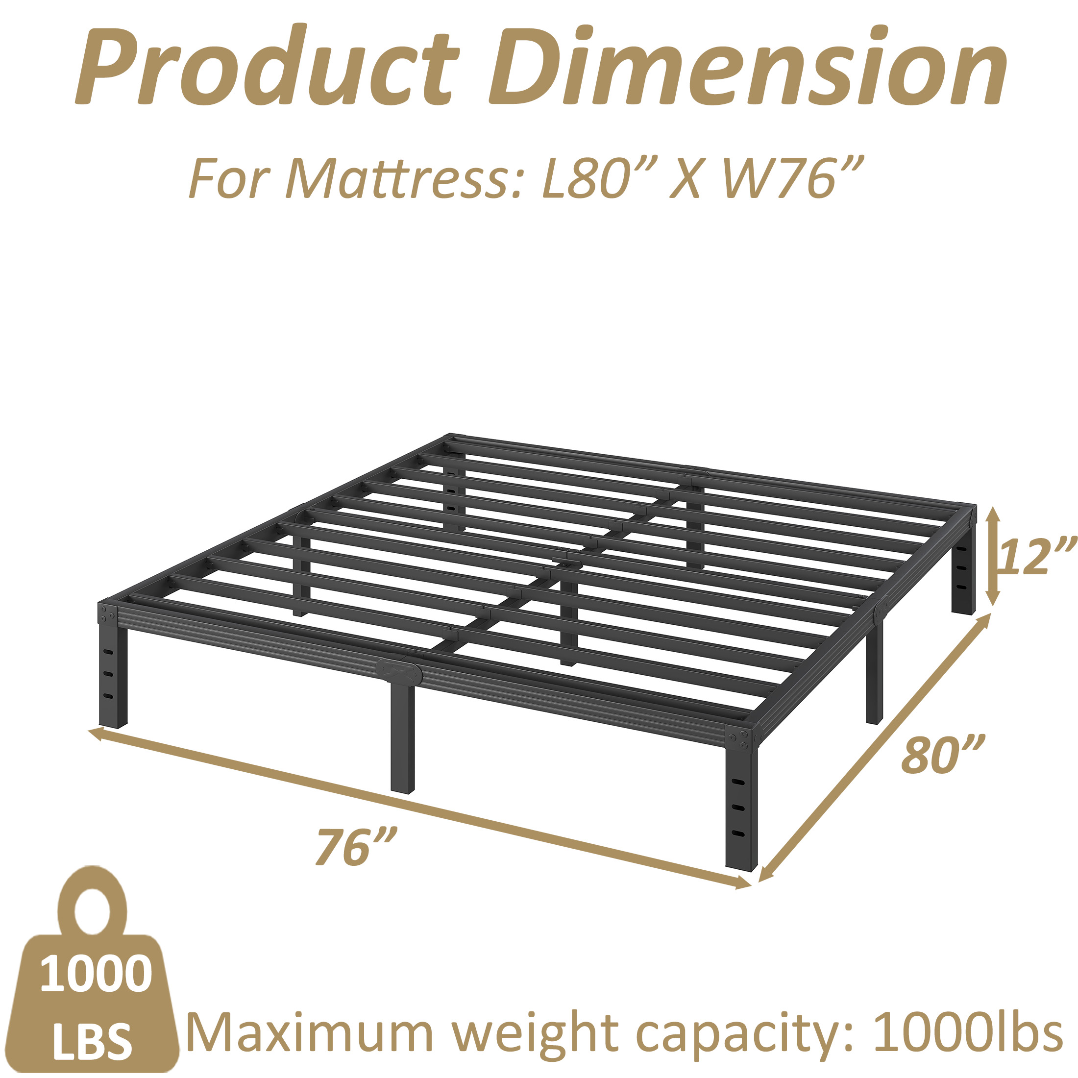 FSCHOS 12 Inch King Size Bed Frame, Heavy Duty Metal Platform, No Box Spring Needed, Easy Assembly, Black